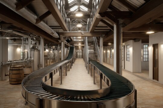 Conveyor system in a modern brewery interior showcasing functionality and design in a spacious, well-lit environment during a productive brewing session