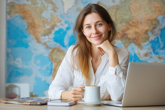 Attractive woman working in travel agency office with world map background while sipping coffee and smiling