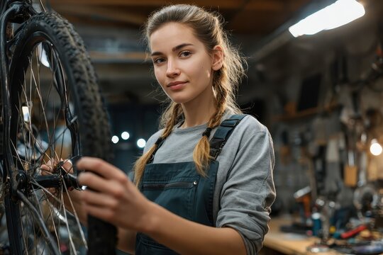 Cute Caucasian female worker engaged in bicycle repair while showcasing her skills in a well-equipped workshop during the daytime