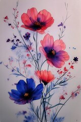 Colorful Floral Painting Featuring Cosmos Flowers in Vibrant Shades of Pink and Blue