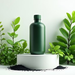 Black humic acid liquid fertilizer bottle with green plants and soil on white background
