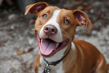 Happy brown and white Pit Bull Terrier mix enjoying a sunny afternoon in the park with a big smile and wagging tail