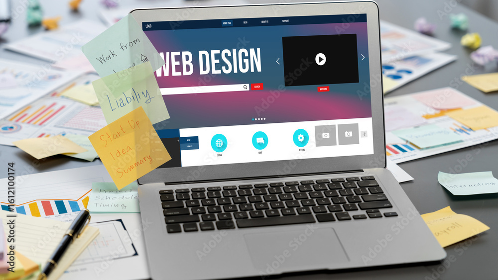 Poster sticky note for creative and analytic brainstorm for business idea with bi data dashboard on laptop 
