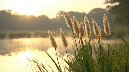 Serene Sunrise Over Calm Waters with Reeds in Golden Light