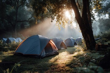 Morning sunlight illuminates a peaceful camping area where tents are pitched among lush greenery