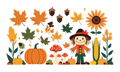 Modern vector illustration featuring autumn-themed elements,  such as a pumpkin, maple leaves, acorns, sunflower, mushroom, corn, and a scarecrow, easily editable.