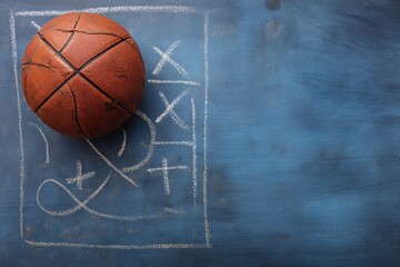 Basketball poses on a chalkboard strategy layout with game plan drawn in white chalk on a blue background during a practice session indoors