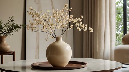 Vase with yellow flowers bouquet on table spring decoration