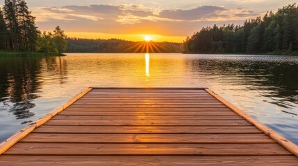 Serene Sunset Over Calm Lake with Dock Reflections in Nature