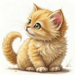 A fluffy, chubby kitten with golden fur, big green eyes, playful expression, sitting with its tail curled around its paws. Its fur is soft and slightly wavy, with tiny pink nose, long white whiskers