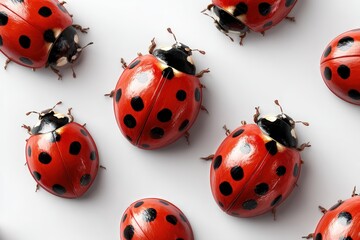 Colorful ladybugs scattered on a white background create a striking visual display of nature's small wonders