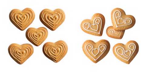 Six heartshaped cookies, some plain and some decorated with white icing, isolated on a transparent background