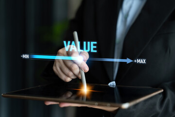 Value measurement and adjustment concept showing value, performance, and optimization level with...