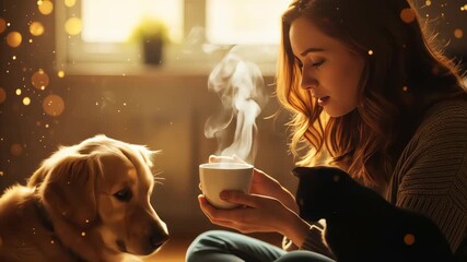 Woman with Golden Retriever and Black Cat Enjoying Warm Drink