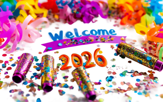 Colorful New Year party accessories scattered with sparkling confetti for joyful occasion isolated on transparent background PNG