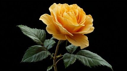 royal yellow rose in full bloom with velvet petals and green leaves on black background