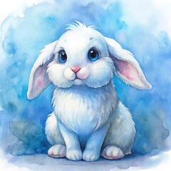 A fluffy white bunny with long, floppy ears and a tiny pink nose, sitting with a curious expression. Its fur is soft and slightly puffed up, making it look extra huggable