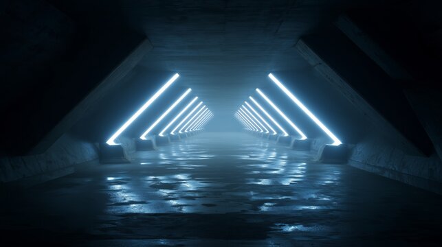 illuminated pathway in dark sci-fi tunnel with futuristic lights and metallic walls