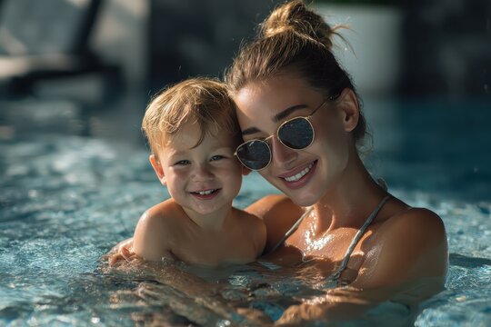 Joyful moments shared between a young woman and her son in a swimming pool on a sunny day, capturing happiness and bonding in a refreshing setting