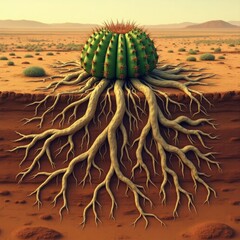 Digital Illustration of Cactus with Root System in Desert Landscape – Eco-Friendly Nature Scene