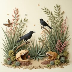 Surreal Artistic Scene with Birds, Skull, and Dinosaur Jaws Amidst Flora – Creative Fantasy Illustration