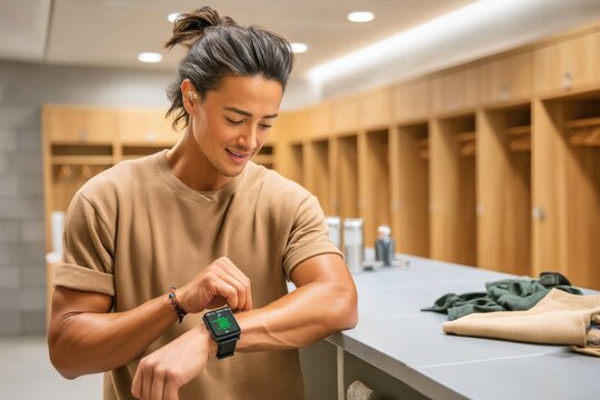 Young man checking fitness progress on smartwatch in the locker room