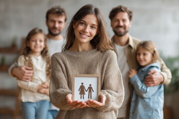 Celebrating National Adoption Month with a happy family holding a symbolic frame representing love and togetherness in their home