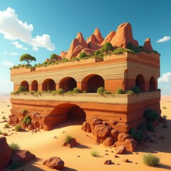 Ancient Desert Rock Formation with Architectural Ruins in Golden Sunset — Adventure & Nature Landscape
