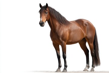 Obraz premium Brown horse standing confidently against a clean white background showcasing its muscular build and shiny coat while exuding grace and strength in a serene outdoor setting