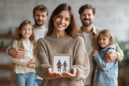 Celebrating National Adoption Month with a happy family holding a symbolic frame representing love and togetherness in their home