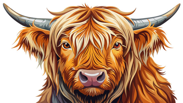 very Beautiful  close up Wrendale Highland cow water colour. white background 