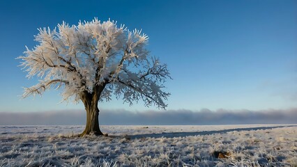 Lonely tree standing in a snowy winter landscape under a clear blue sky