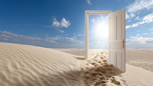 Open door to a bright sky, beyond a sandy desert