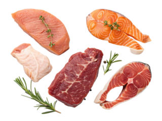 Mix of raw meat types, salmon, beef, pork, chicken stake, transparent background
