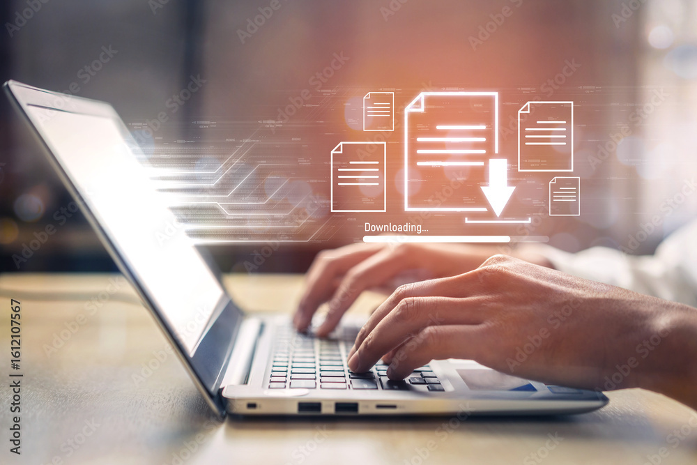 Poster visual representation of digital document downloading, showing file transfer, data access, and progr