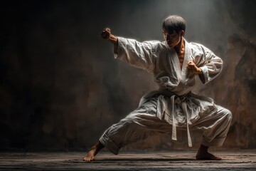 Dedicated martial artist demonstrates powerful stance while training in a realistic, dimly lit dojo environment during an afternoon session