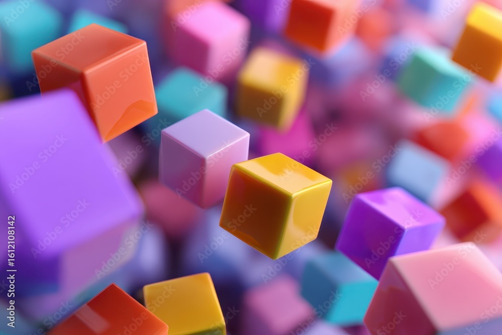 Poster colorful abstract background featuring floating cubes in varying sizes and shades, creating a vibran