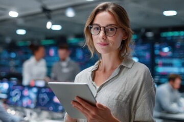 Fototapeta premium Young female government employee wearing glasses engages with tablet in modern office setting during workday, surrounded by colleagues focused on digital data analysis
