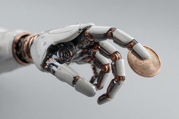 Robotic hand grasping a coin in a modern, minimalistic setting highlighting advancements in technology and finance
