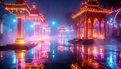 Obraz premium Walking in Rainy Cityscape with Pagodas and Neon Lights