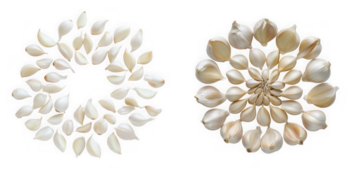 Two circular arrangements of garlic cloves on a transparent background