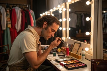 Makeup Artist Preparing in Dressing Room for Theatrical Performance
