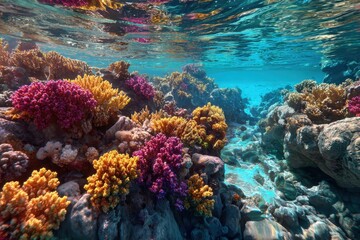 Obraz premium Vibrant coral reef thriving underwater in the Red Sea showcasing diverse marine life and colorful coral formations during sunny daylight conditions