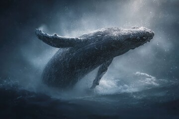 Fototapeta premium Whale breaches the ocean in a powerful display of nature's majesty during a dramatic moment at dusk
