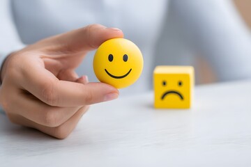 A person is holding a yellow smiley face and a yellow sad face