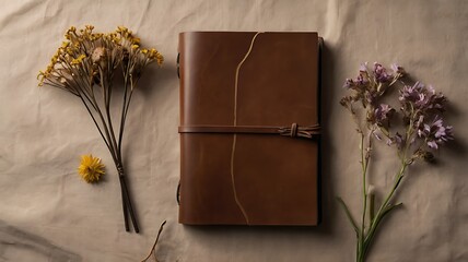 Antique closed brown leather book with a vintage flower decoration