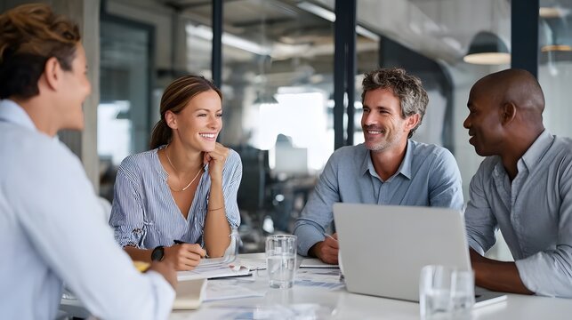 A group of people are sitting around a table with a laptop open