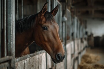 Stall environment with a realistic horse looking out, showcasing its calm demeanor and stable surroundings in the late afternoon light
