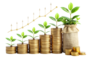 Growing Money Plants on Stacked Coins with Arrow on transparent background