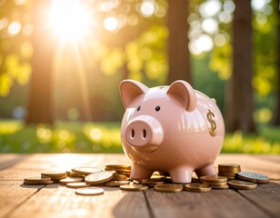 piggy bank and coins on a table outside